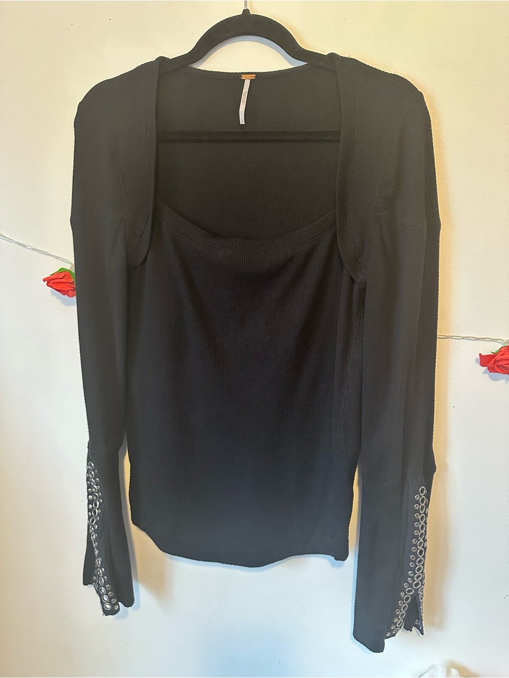 Free People A Little Unruly Black Waffle Stud Long Sleeve Ribbed Top Shirt L - Picture 5 of 15